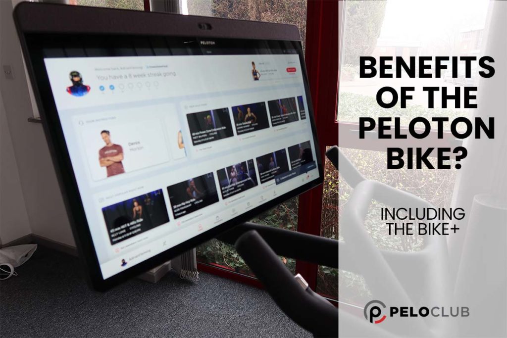 Peloton Bike+ screen image with text saying benefits of  Peloton Bike including Bike+