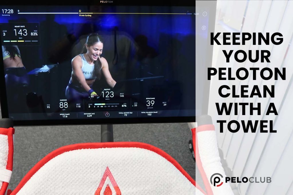 Image of Peloton Bike+ with a Driptowel on handlebars and text saying Keeping your Peloton clean with a towel