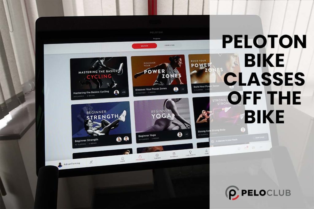 Peloton Bike+ screen and text saying classes off the bike