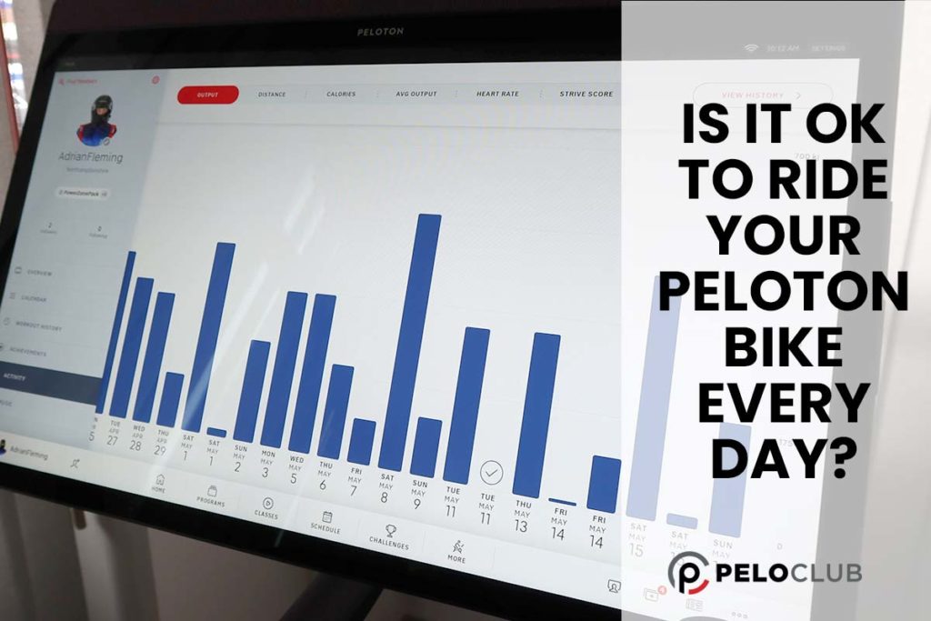 Peloton Bike+ screen with daily exercise graph and text saying Is it OK to Ride Your Peloton Bike Every Day?