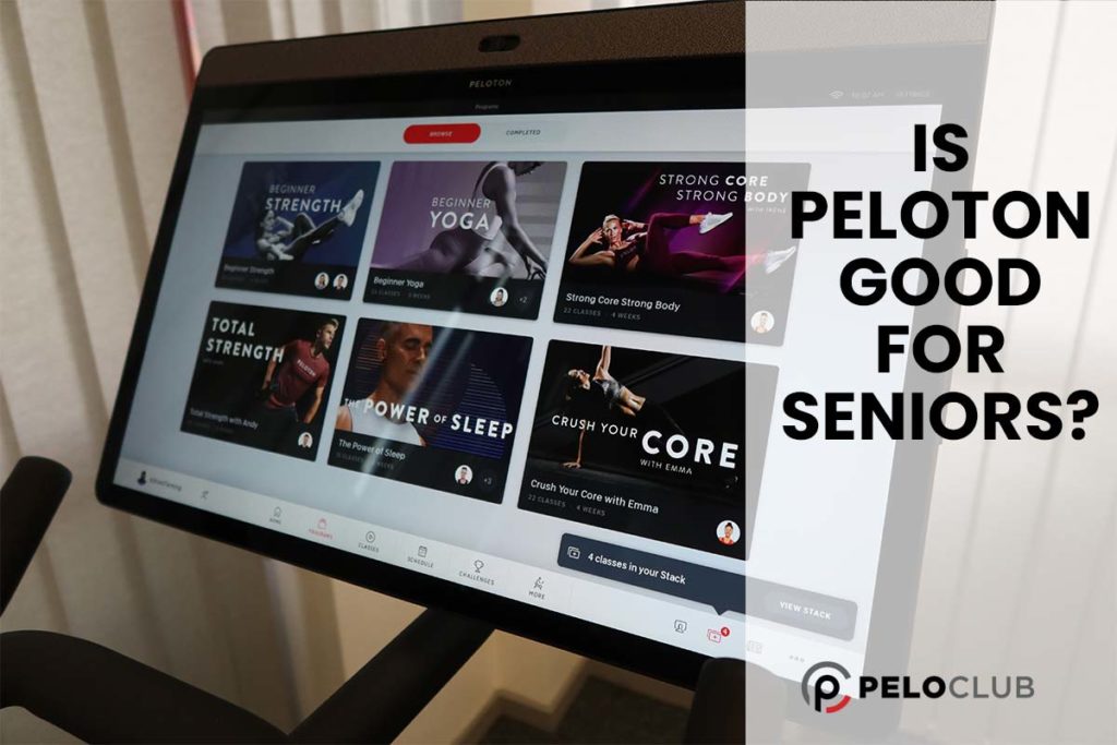 Peloton for seniors image with class screen on Peloton Bike+