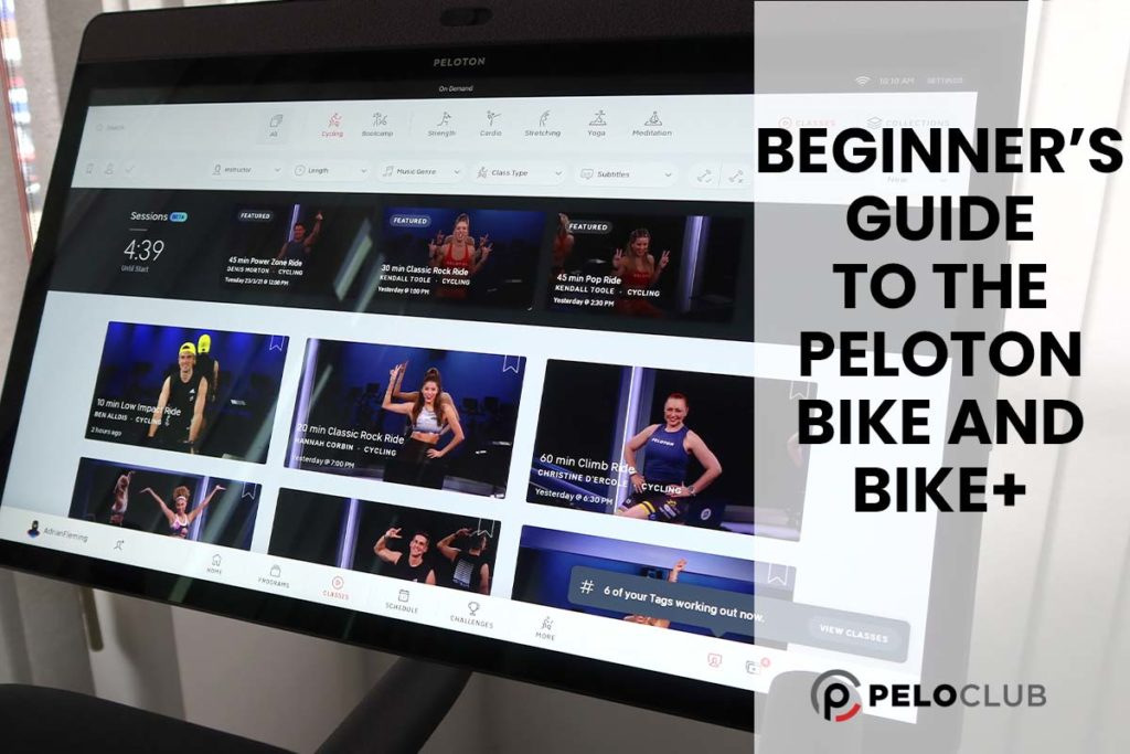 Image of Peloton Bike+ screen of cycle class instriuctors and text saying Beginner’s Guide
to the Peloton Bike and Bike+