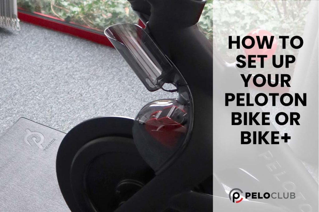 Image of Peloton Bike+ front wheel and Peloton Bike mat, with text saying How to Set Up Your Peloton Bike or Bike+